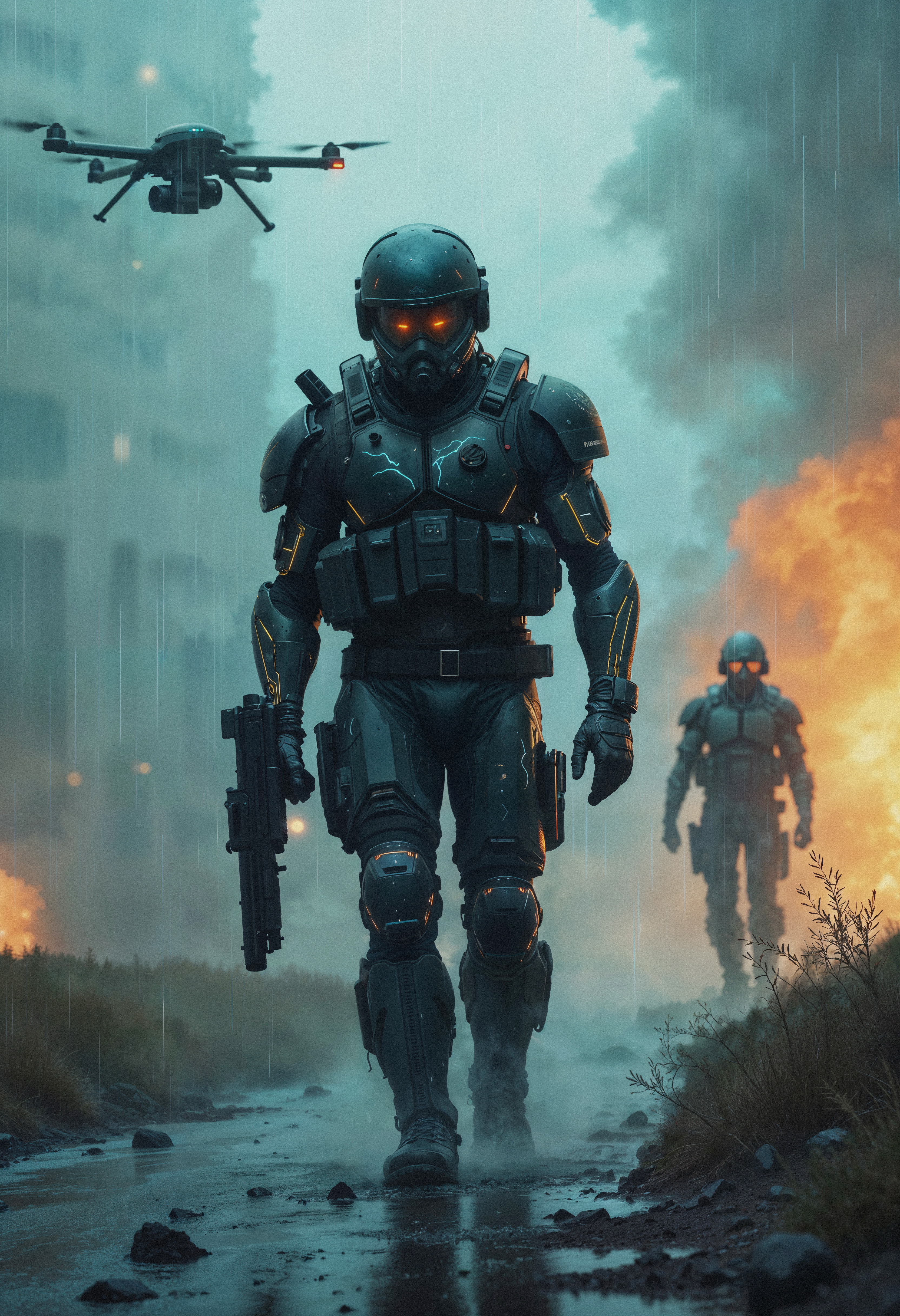 Armored soldier walking through a warzone with a recon drone overhead